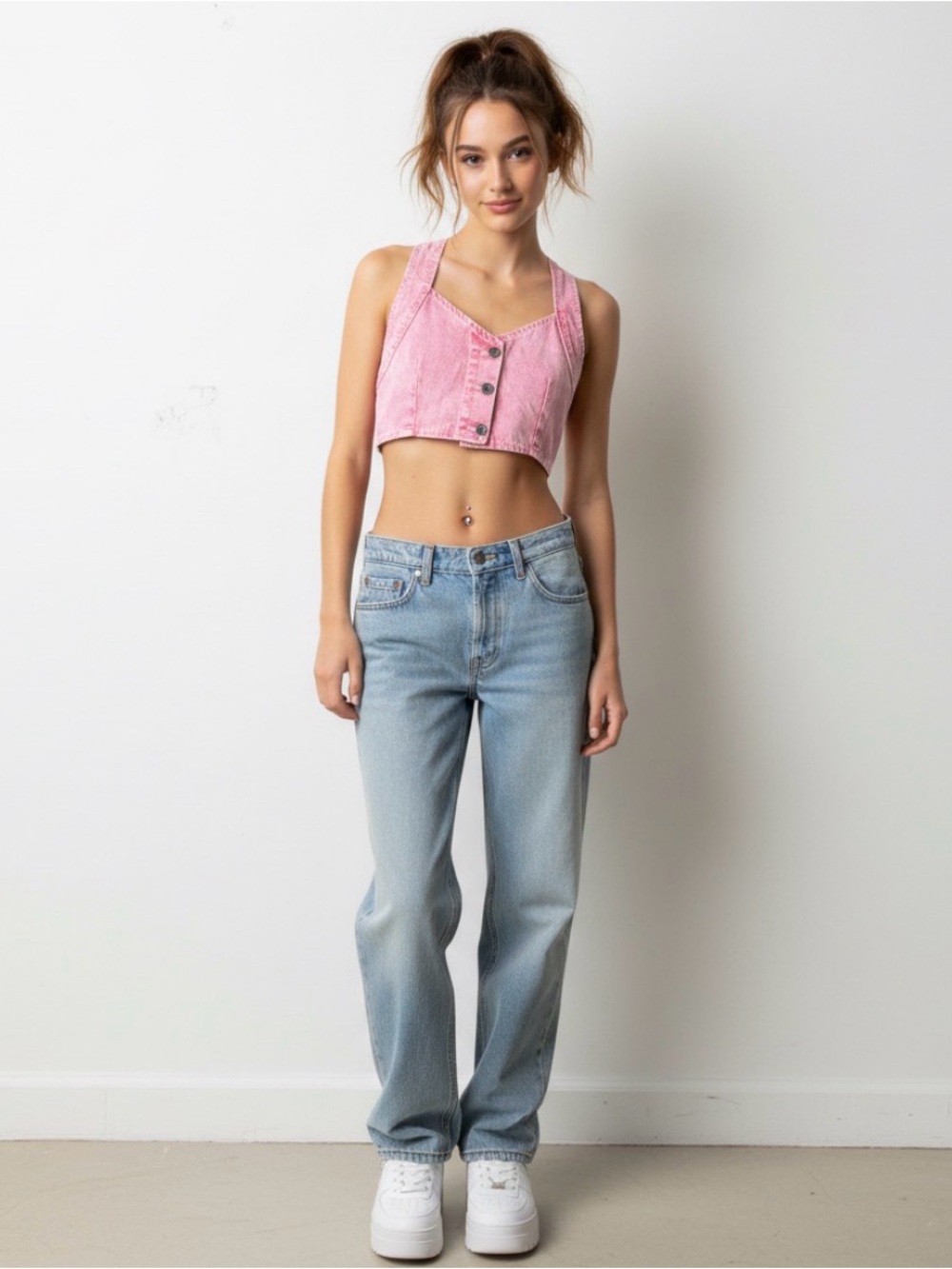 VTG 90s • PARIS SPORT CLUB • pink acid wash denim cropped vest bra top sz s/m